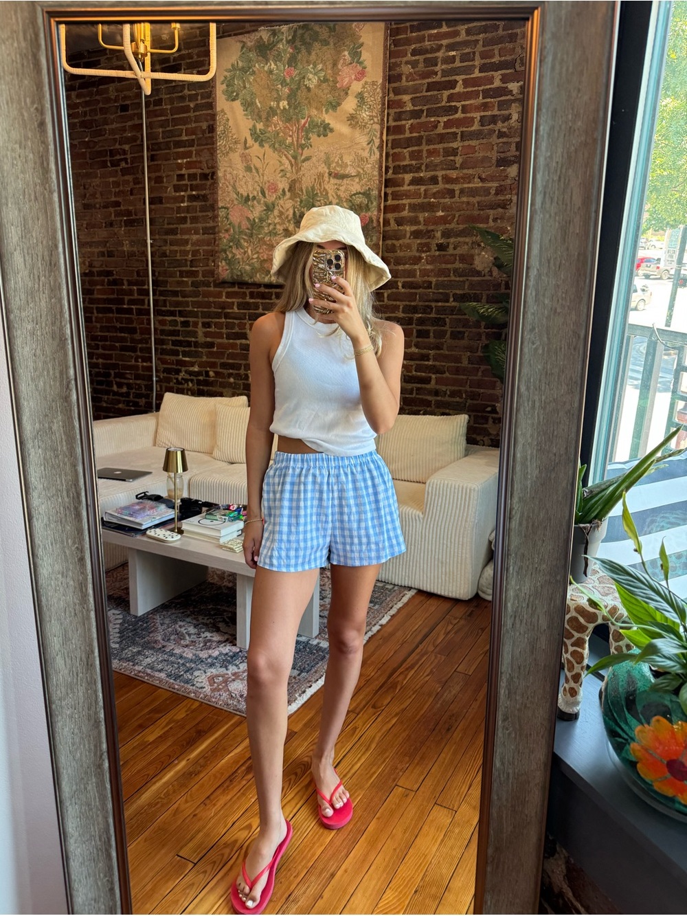 Blue and White Gingham High-Waist Shorts